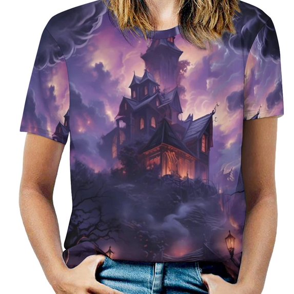 Female T-Shirt Haunted Mansion O Neck T-Shirts Short Sleeve Vintage Print Pretty Printed Tops Streetwear Top Tees Big Si