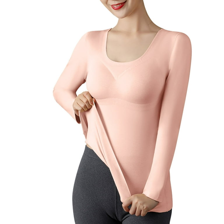 Female Thermal Top T-Shirt Womens German Velvet Seamless Thermal Underwear  Solid Color Slim Bottom Outer Wear Thick Warm Long Sleeves With Chest Pad