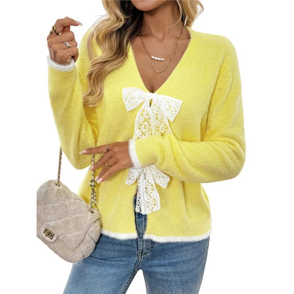 Female Tie Front Cardigan Sweaters Long Sleeve Chunky Knit Cute Trendy Fall Winter Coats Yellow M