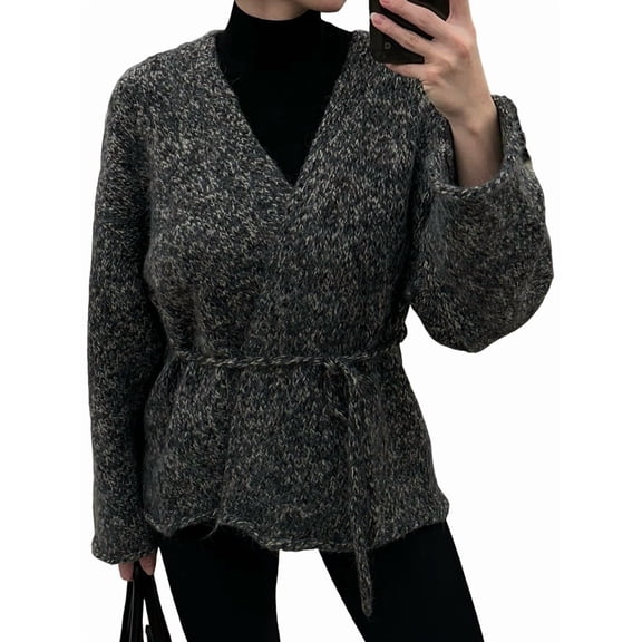 Female Tie Wrap Sweater V Neck Lantern Sleeves Knitwear Solid Pullover Cropped Cardigan Dark Gray M