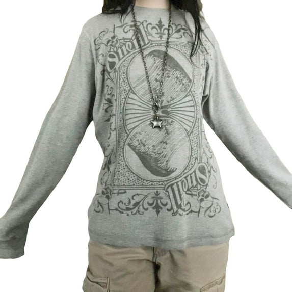 Female Tops, Printed Patterns Round Neck Long Sleeve Loose Pullover Blouse for Spring Autumn, Gray, S/M/L/XL