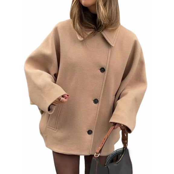 Female Trench Coat Long Sleeve Lapel Casual Jackets Winter Outerwear Khaki M