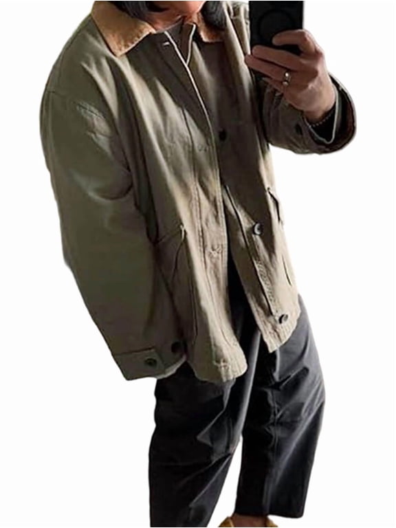 Female Trendy Jackets Fall Contrast Collar Zip Up Cotton Oversized Casual Cargo Barn Jacket Olive Green S