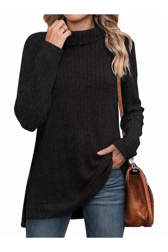 Female Tunic Tops Turtle-Neck Long Sleeve Shirts Oversized Fall Sweaters Side Split High Low Hemline Black L