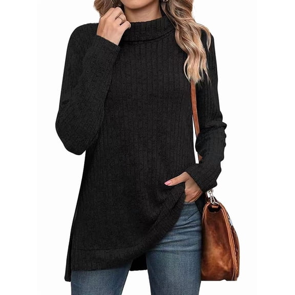Female Tunic Tops Turtle-Neck Long Sleeve Shirts Oversized Fall Sweaters Side Split High Low Hemline Black M