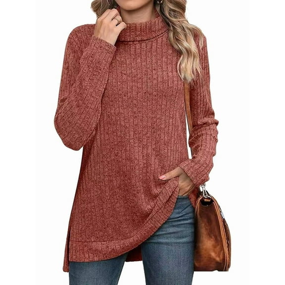 Female Tunic Tops Turtle-Neck Long Sleeve Shirts Oversized Fall Sweaters Side Split High Low Hemline Deep Orange Red XL