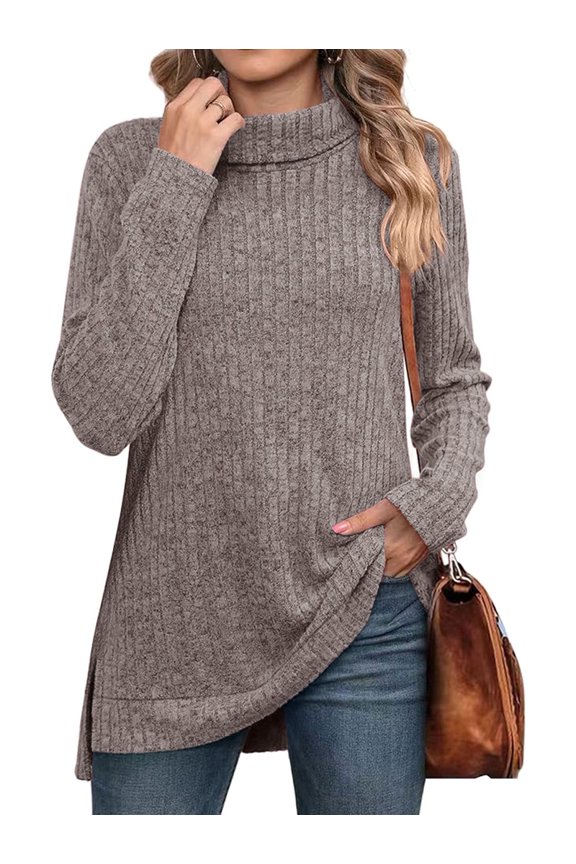 Female Tunic Tops Turtle-Neck Long Sleeve Shirts Oversized Fall Sweaters Side Split High Low Hemline Pink & Gray L