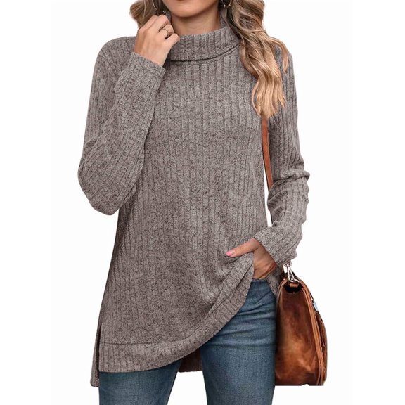 Female Tunic Tops Turtle-Neck Long Sleeve Shirts Oversized Fall Sweaters Side Split High Low Hemline Pink & Gray M