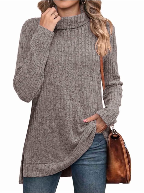 Female Tunic Tops Turtle-Neck Long Sleeve Shirts Oversized Fall Sweaters Side Split High Low Hemline Pink & Gray M