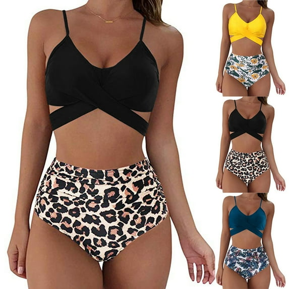 Female Two-Piece Bathing Suit, Solid Color Spaghetti Strap Bikini Tops+ Leopard Print Bikini Panties