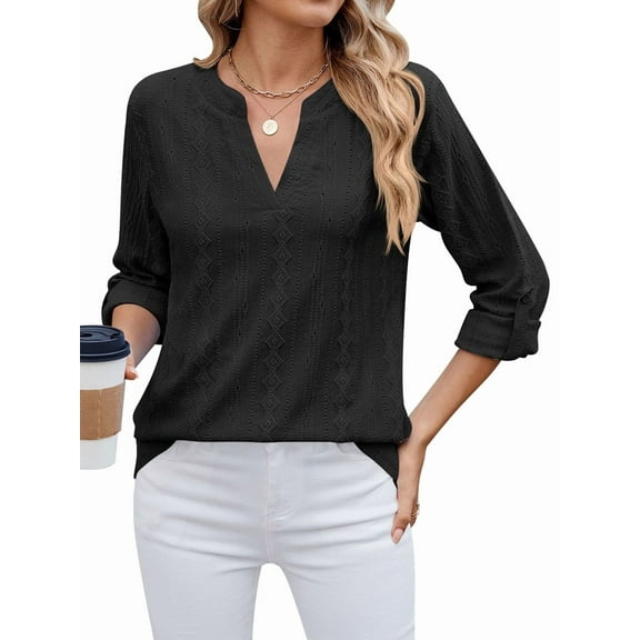 Female V Neck Casual Hollow Out Eyelet Embroidered Blouses Shirts Beach Cover Up Blouse Dressy Black L