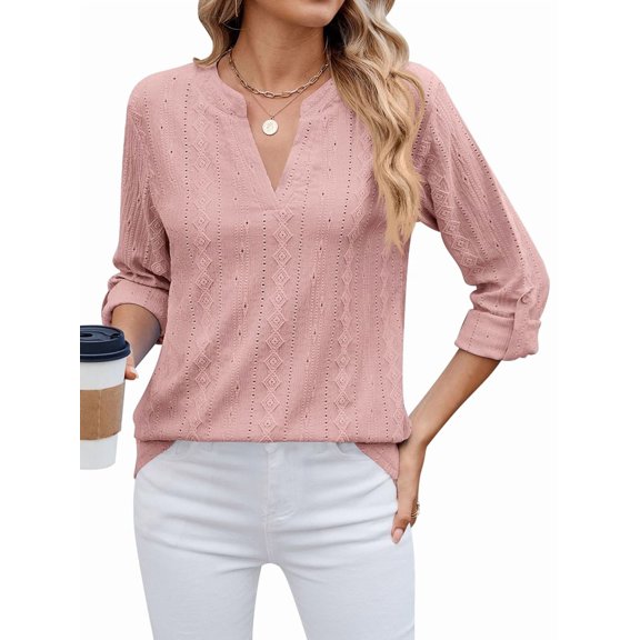 Female V Neck Casual Hollow Out Eyelet Embroidered Blouses Shirts Beach Cover Up Blouse Dressy Dark Powder M
