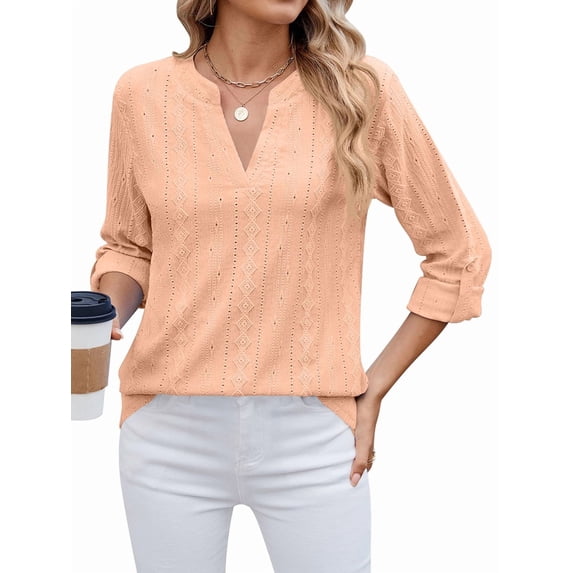 Female V Neck Casual Hollow Out Eyelet Embroidered Blouses Shirts Beach Cover Up Blouse Dressy Orange Color XXL