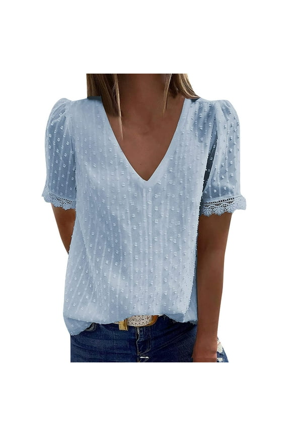 Female V Neck Lace T-Shirt Solid Color Solid Short Sleeve Blouse Elegant Summer Tops Plus Size 12XL