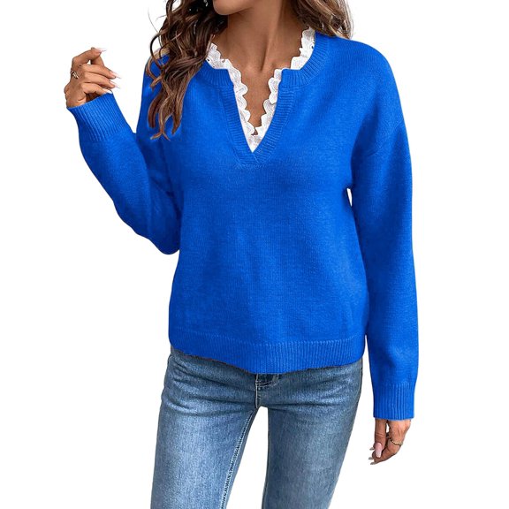 Female V Neck Sweater Casual Long Sleeve Ribbed Knit Pullover Sweaters Dressy Casual Tops Blue XL