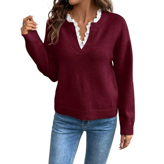 Female V Neck Sweater Casual Long Sleeve Ribbed Knit Pullover Sweaters Dressy Casual Tops Wine Red L