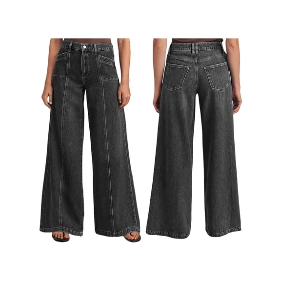 Female Wide Leg Jeans Baggy Jeans Mid Waist Stretch Boyfriend Denim Pants Vintage Trousers with Pocket Black S
