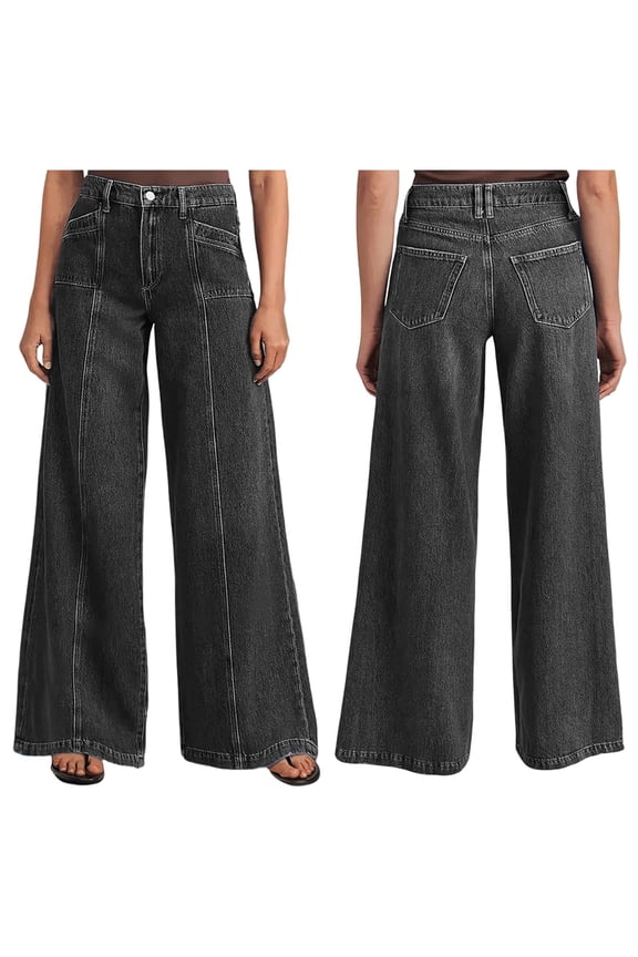 Female Wide Leg Jeans Baggy Jeans Mid Waist Stretch Boyfriend Denim Pants Vintage Trousers with Pocket Black S