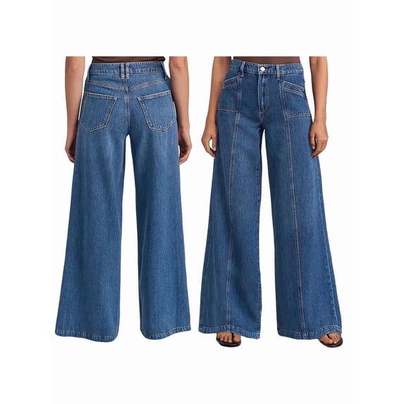 Female Wide Leg Jeans Baggy Jeans Mid Waist Stretch Boyfriend Denim Pants Vintage Trousers with Pocket Blue M