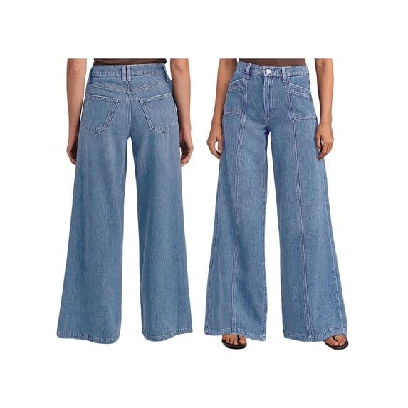 Female Wide Leg Jeans Baggy Jeans Mid Waist Stretch Boyfriend Denim Pants Vintage Trousers with Pocket S