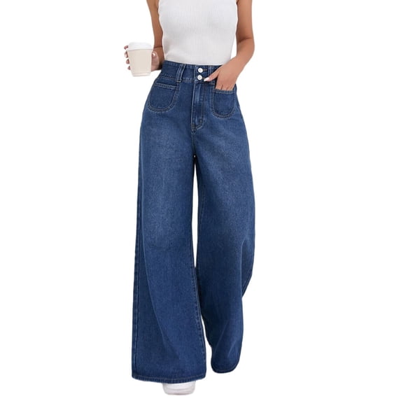 Female Wide Leg Jeans High Waisted Stretchy Straight Leg Jeans Trendy Seamed Front Loose Denim Pants Blue M