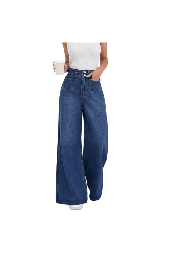 Female Wide Leg Jeans High Waisted Stretchy Straight Leg Jeans Trendy Seamed Front Loose Denim Pants Blue S