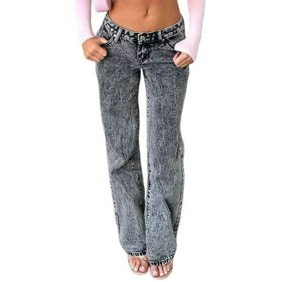 Female Wide Leg Jeans Low Rise Baggy Straight Leg Boyfriend Denim Pants Casual Loose Jeans Y2K Girl Style Black M