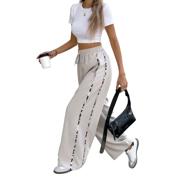Female Wide Leg Sweatpants High Waisted Baggy Sweat Pants Active Striped Track Pants with Pockets Light Gray XXL