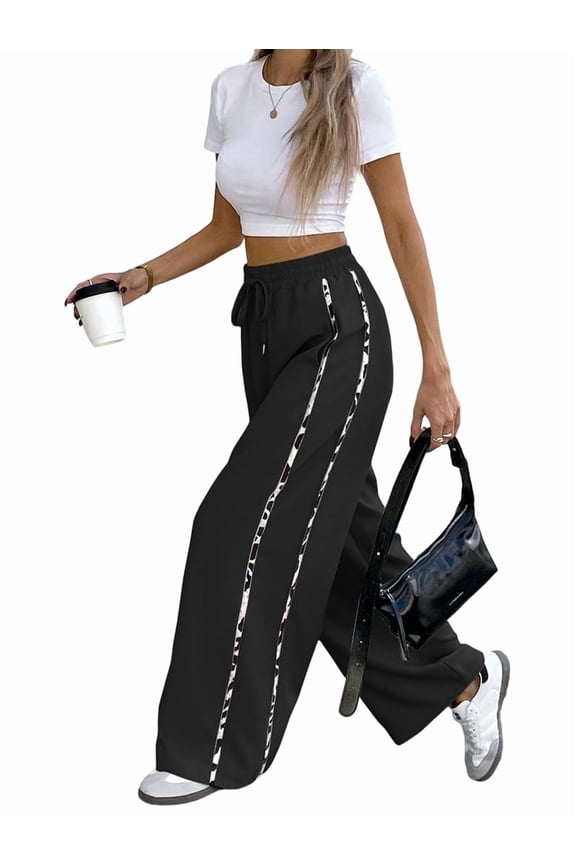 Female Wide Leg Sweatpants High Waisted Baggy Sweat Pants Active Striped Track Pants with Pockets