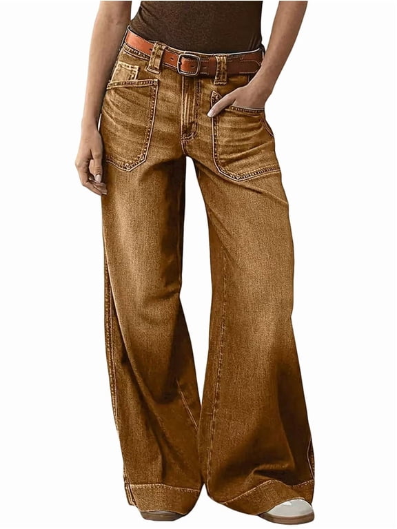 Female Wide Straight Leg Mid Rise Baggy Pocket Denim Jeans Without Belt Dark Brown S