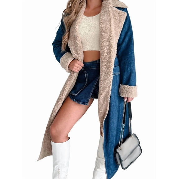 Female Winter Denim Trench Coat -Fleece Quilted Lined Windproof Thick Long Belted Jacket Denim Blue XXL