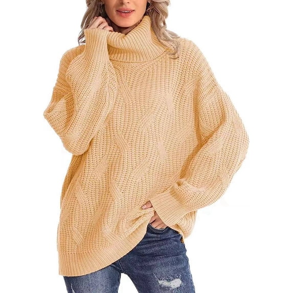 Female Winter Fall Solid Turtle-Neck High Neck Balloon Long Sleeve Sweaters Pullover Outerwear Apricot XL