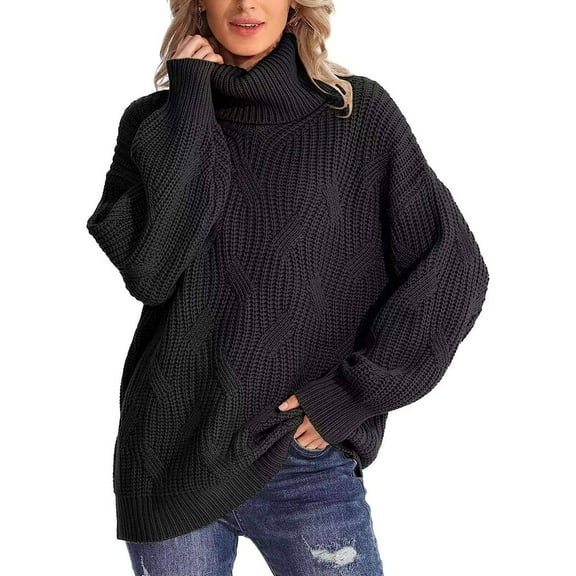 Female Winter Fall Solid Turtle-Neck High Neck Balloon Long Sleeve Sweaters Pullover Outerwear Black L