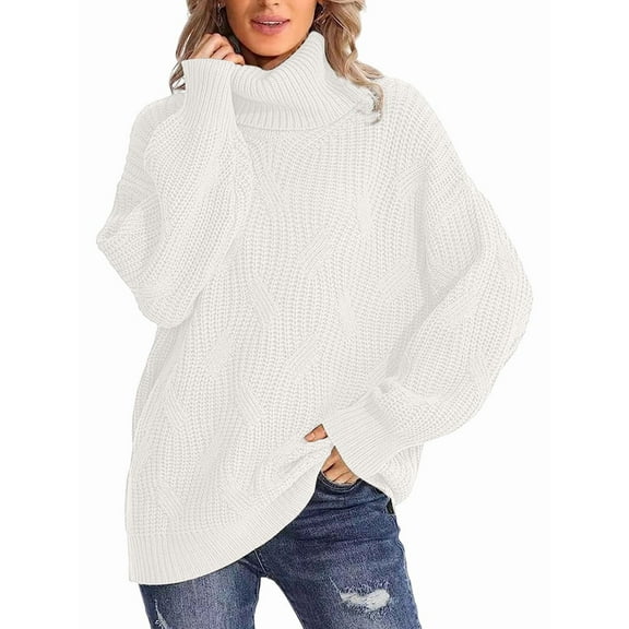 Female Winter Fall Solid Turtle-Neck High Neck Balloon Long Sleeve Sweaters Pullover Outerwear White L