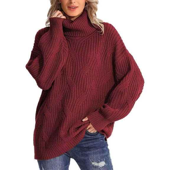 Female Winter Fall Solid Turtle-Neck High Neck Balloon Long Sleeve Sweaters Pullover Outerwear Wine Red L