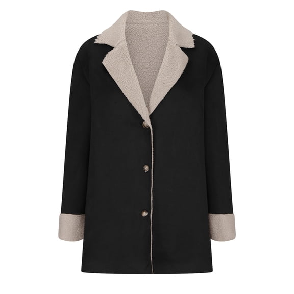 Female Winter -Lined Faux Suede Leather Jacket Oversized -Lapel Mid Long Overcoat Black L