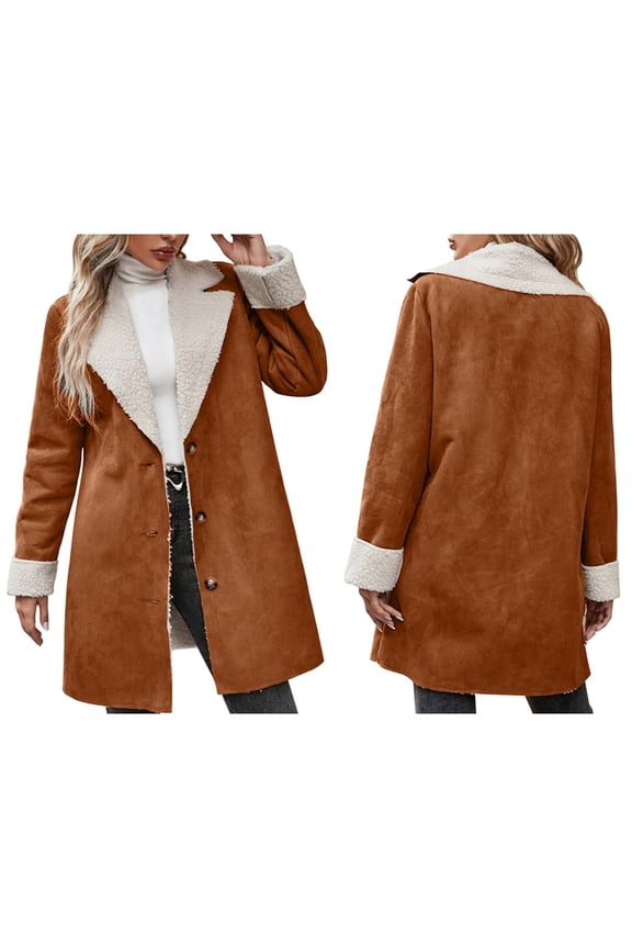 Female Winter -Lined Faux Suede Leather Jacket Oversized -Lapel Mid Long Overcoat Brown XL