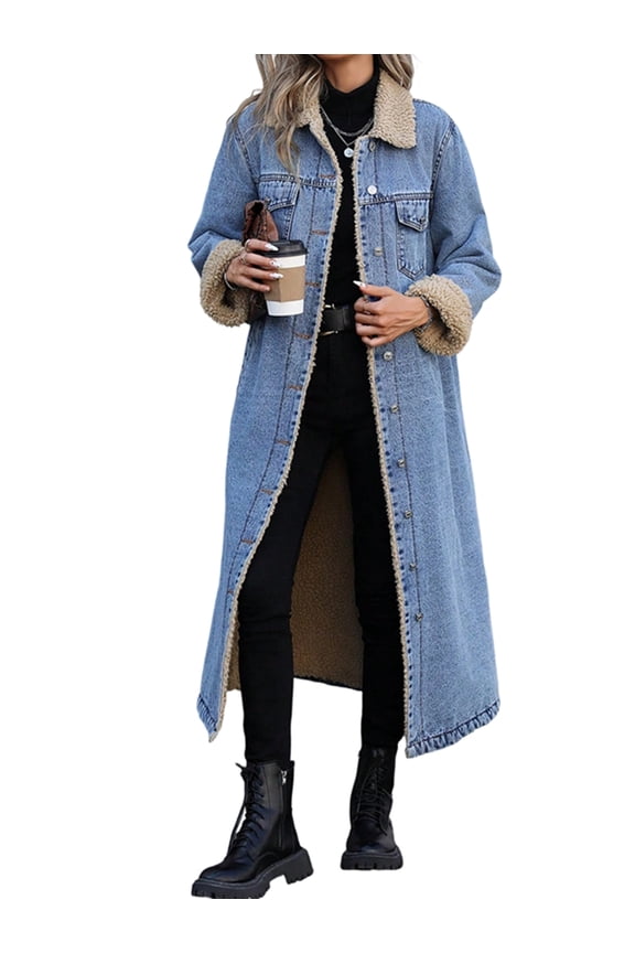 Female Winter -Lined Midi Long Denim Jacket Casual Button Down Jean Trench Coat Blue L
