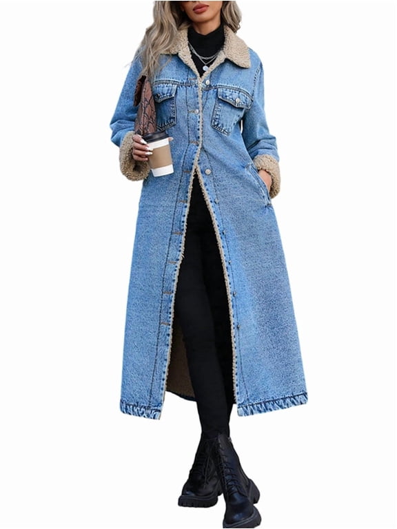 Female Winter -Lined Midi Long Denim Jacket Casual Button Down Jean Trench Coat Medium Blue S