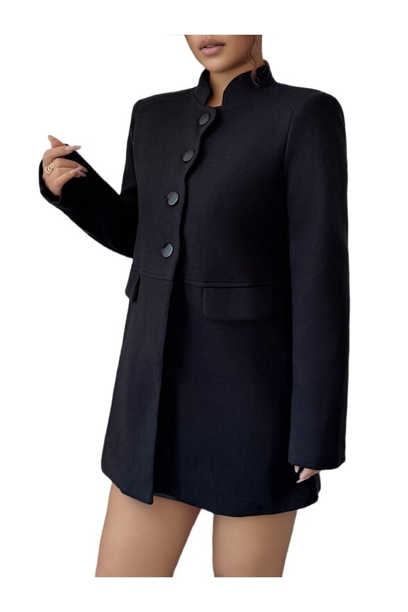 Female Winter Overcoat Mid-Long Stand Collar Single Breasted Coat Outerwear Black XL