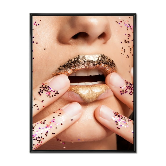 Female With Golden Lips and Glitter On Her Hands 16 in x 32 in Framed Photography Canvas Art Print, by Designart