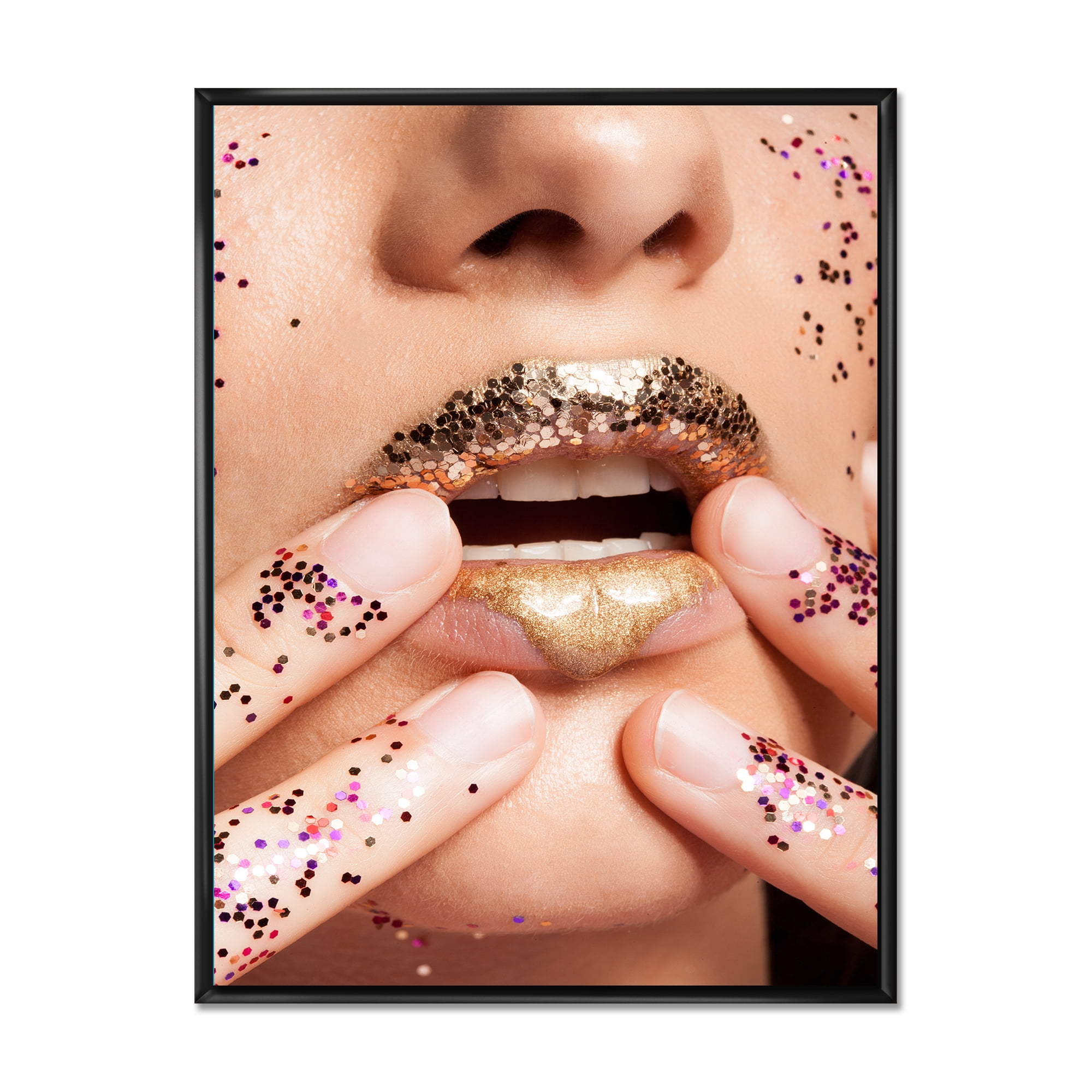 Female With Golden Lips and Glitter On Her Hands 24 in x 32 in Framed Photography Canvas Art Print, by Designart