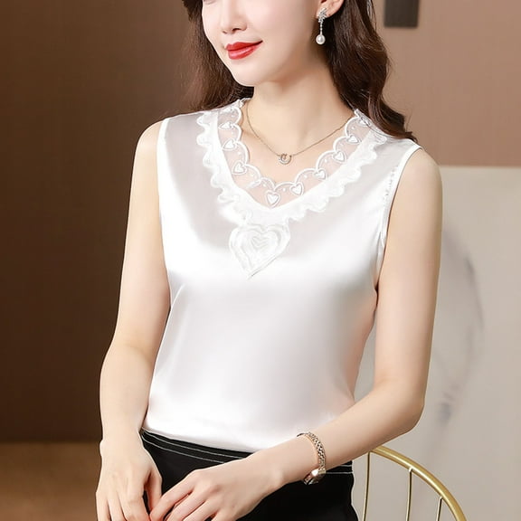 Female Womens Tank Tops Loose fit Plus Size High Neck Tank Tops for Women Workout V Neck Net Yarn Short Sleeved T Shirt Women's New Summer Fashion Lace Undershirt Design Feeling Satin with A Coat Xxl