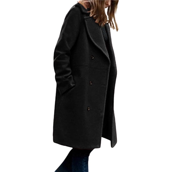 Female Wool Blend Double Breasted Pea Coat Notched Lapel Mid Long Trench Overcoat with Pockets Black S