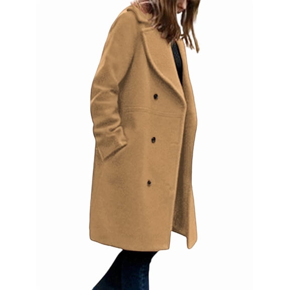 Female Wool Blend Double Breasted Pea Coat Notched Lapel Mid Long Trench Overcoat with Pockets Khaki M