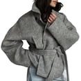 thumbnail image 1 of Female Wool Blend Pea Coat Lapel Double Breasted Winter Loose Short Button Belt Outerwear Jacket Light Gray XL, 1 of 6