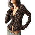 thumbnail image 1 of Female Y2k Leopard Print V Neck T Shirt Button Down Long Sleeve Knitted Tee Tops L, 1 of 10