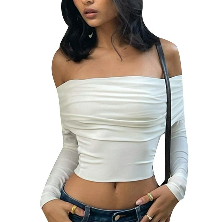 Female Y2k Sexy Off Shoulder Cropped T-Shirt Long Sleeve