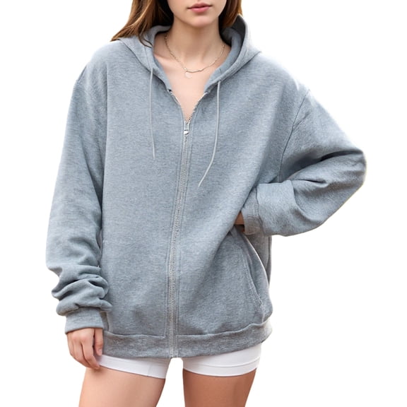 Female Zip Up Hoodie Top Sweatshirt Drawstring Long Sleeve Jacket Gray XL