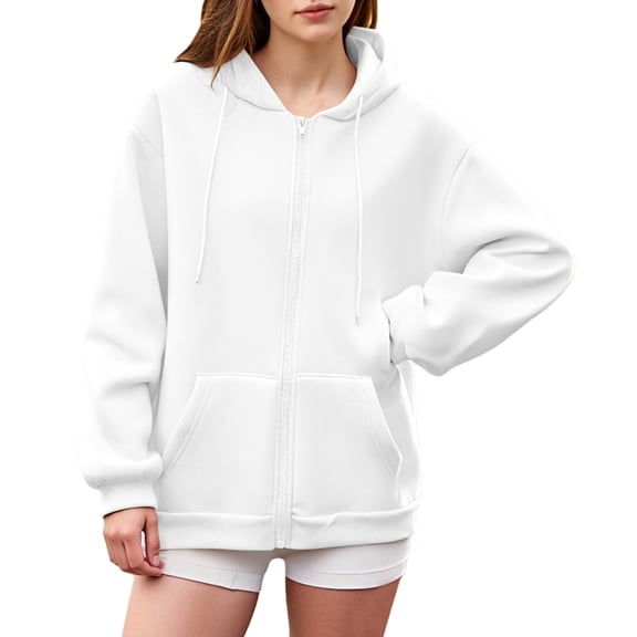 Female Zip Up Hoodie Top Sweatshirt Drawstring Long Sleeve Jacket White L